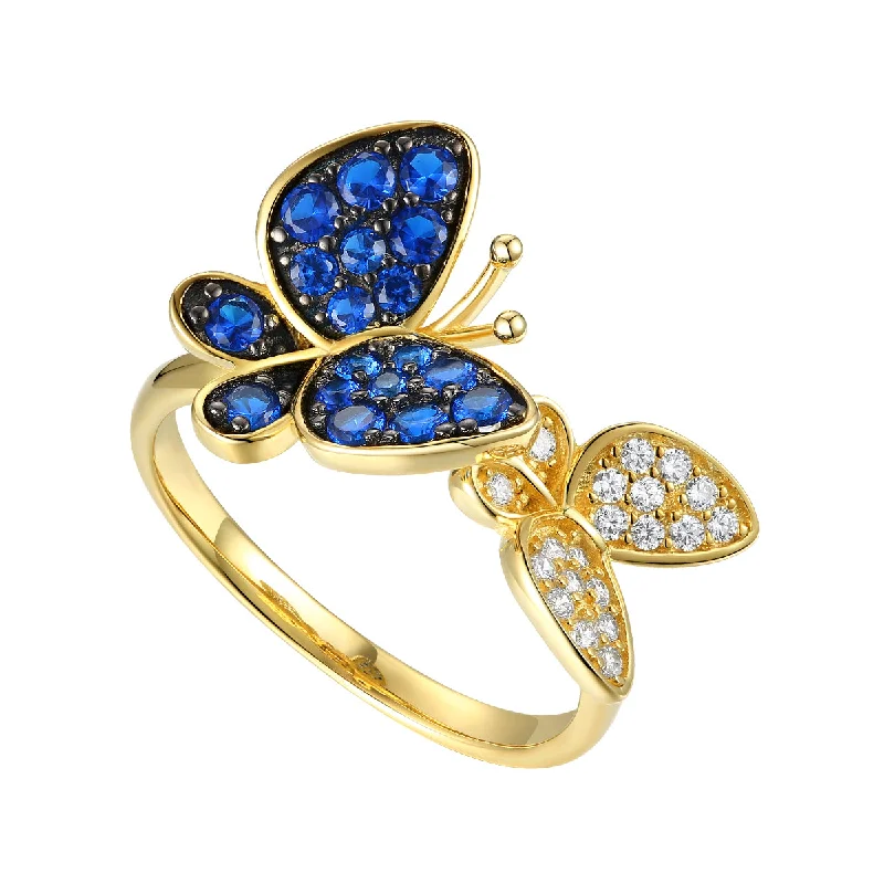 Unique Wedding Rings-Unique Pearl Earrings-14k Gold Plated Sterling Silver with Sapphire & Cubic Zirconia Double Butterfly Stacking Ring