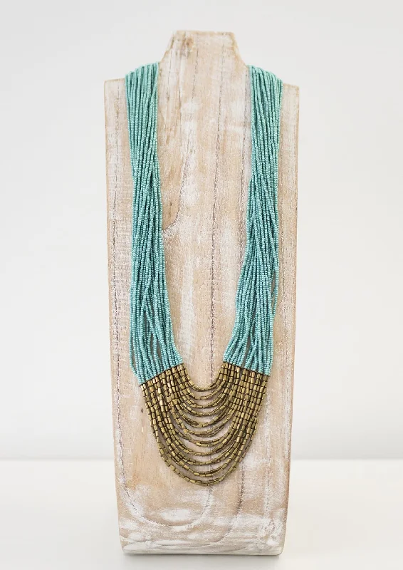 Trendy Choker Necklace-Sweetheart Earrings-Long Tiered Hema Necklace <br> Turquoise