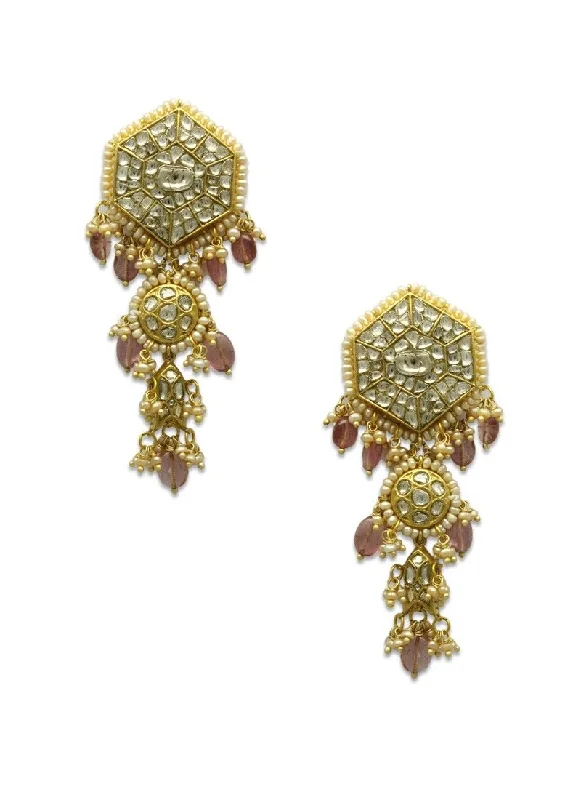 Round Shape Earrings-Round Shape Earrings-Suhala Polki Long Earrings