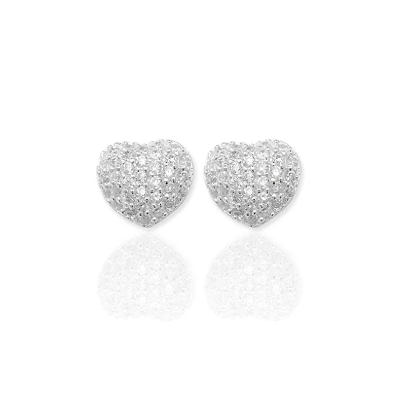 Hoop Earrings for Women-Hoop Earrings for Women-Sterling Silver Pave Heart Studs with CZ's