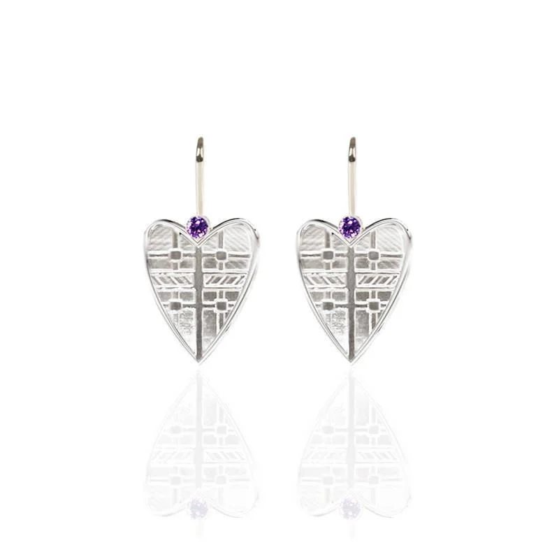 Chic Ear Cuffs Earrings-Chic Ear Cuffs Earrings-Tartan Solid Heart Drop Earrings with Amethyst in Silver