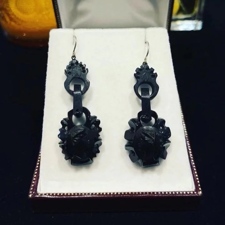 Vintage Pearl Earrings-Vintage Pearl Earrings-Victorian Whitby Jet Cameo Earrings