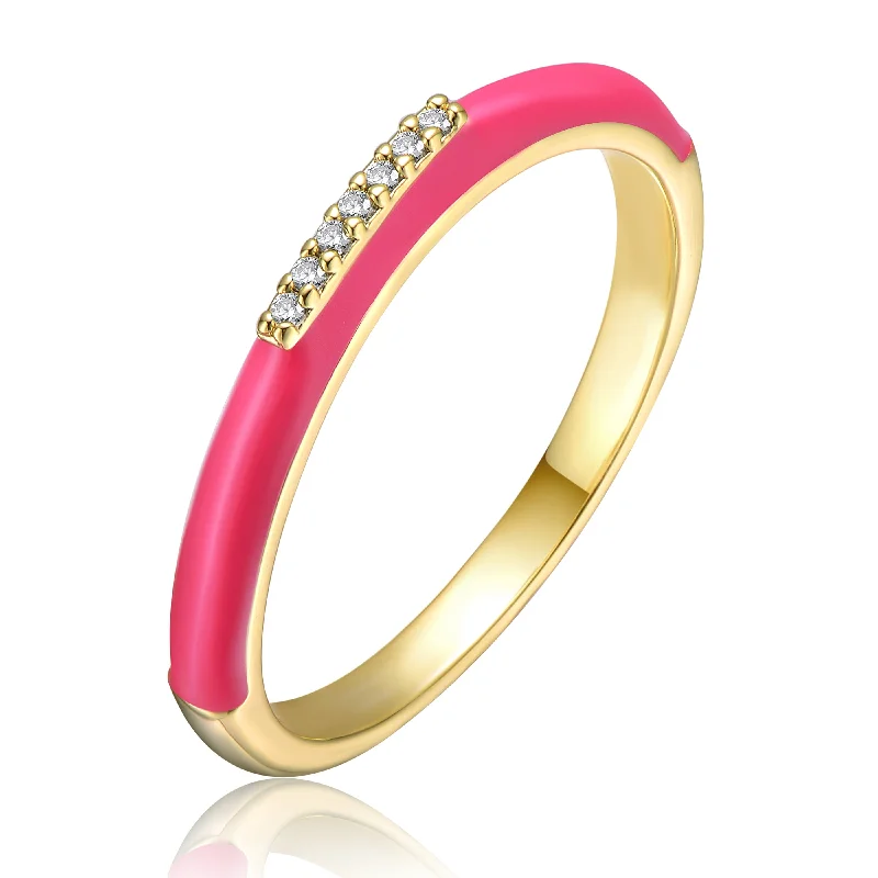 Emerald Cut Engagement Ring-Spiral Earrings-Coralie Hot PInk Enamel Slim Stacking Band Ring