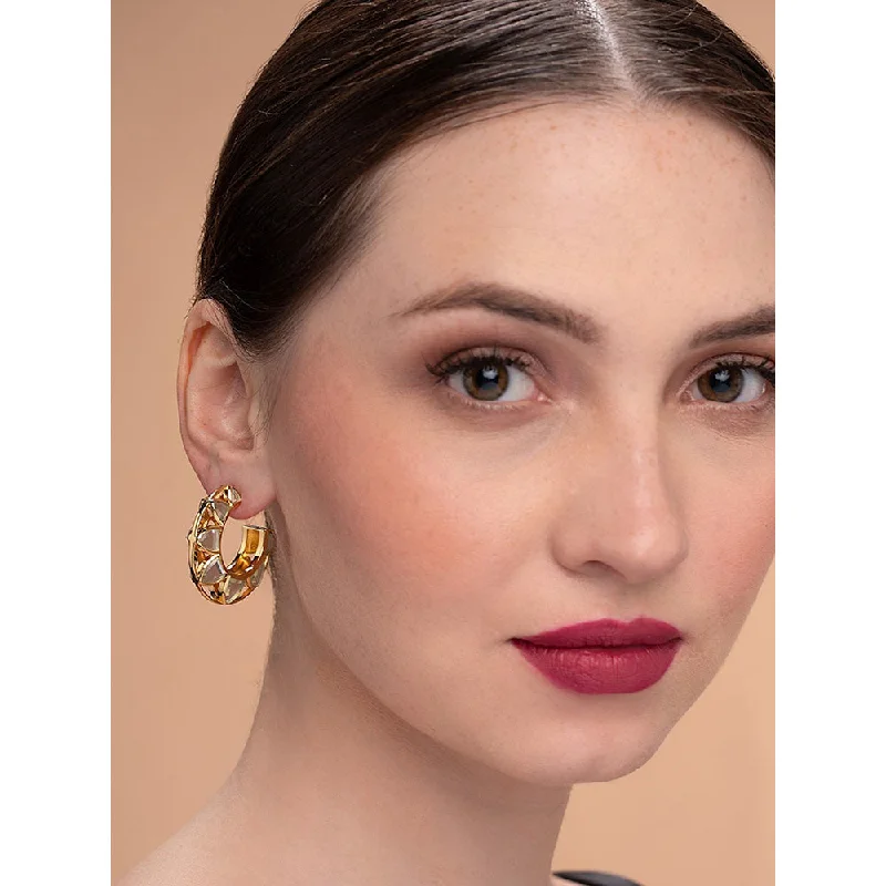 Pink Stone Earrings-Pink Stone Earrings-Isharya Amara Sculpted Flower Hoop Earrings in 18kt Gold Plated