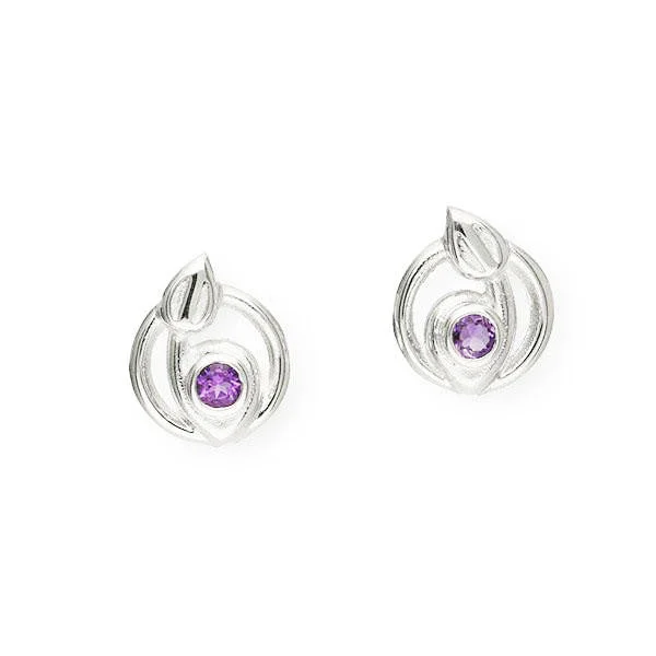 Glitter Earrings-Glitter Earrings-Rennie Mackintosh Round Amethyst Leaf Earrings in Silver