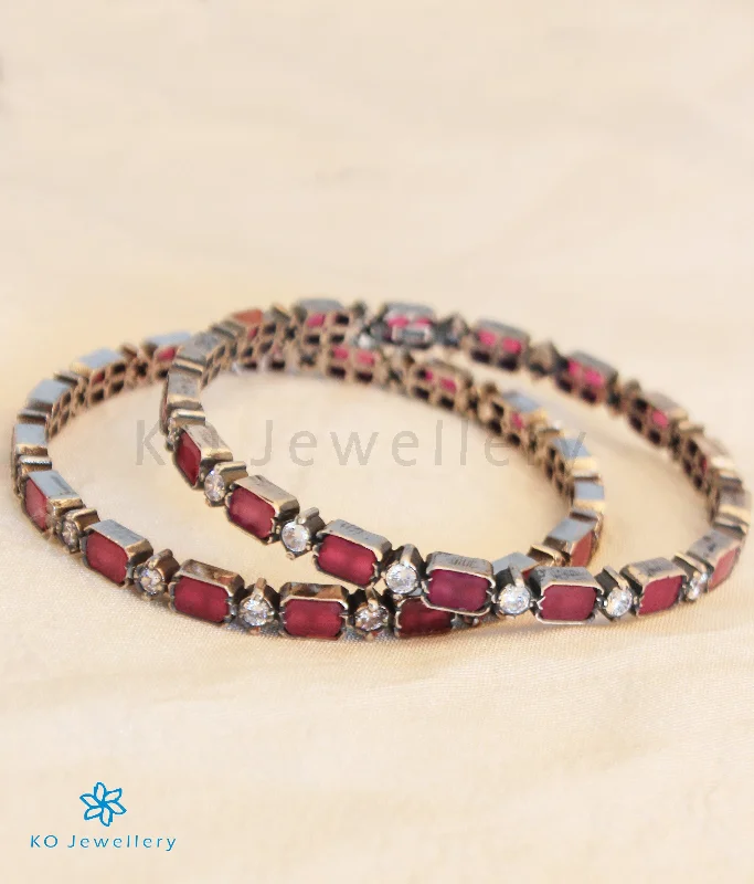 Silver Bracelet with Heart Charm-Elegant Diamond Hoop Earrings-The Mrudula Silver Kempu Bangle (Oxidised/Red/Size 2.2/2.4/2.6/2.8)