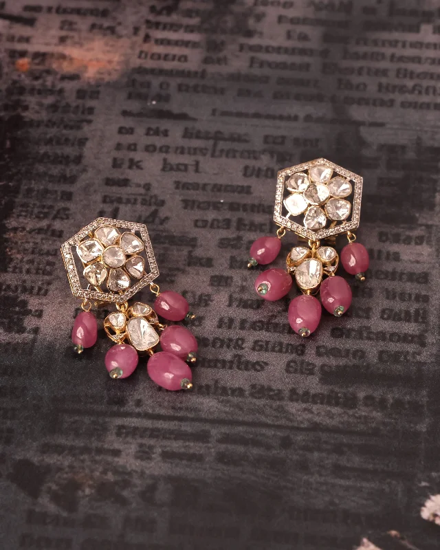 Enamel Earrings-Enamel Earrings-Shazeen Polki And Diamond Long Earrings