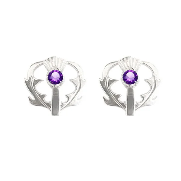 Gemstone Dangle Earrings-Gemstone Dangle Earrings-SCOTTISH THISTLE STUD EARRINGS WITH AMETHYST IN SILVER