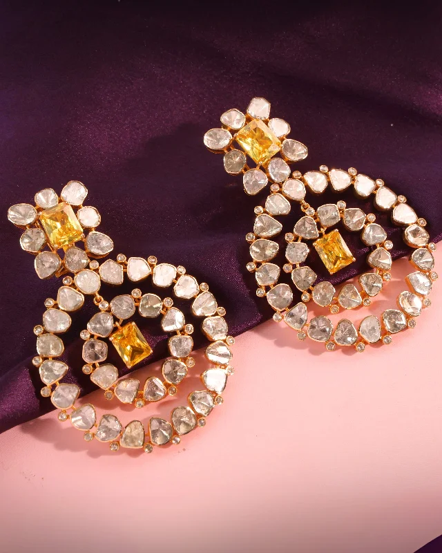 Bridal Earrings with Diamonds-Bridal Earrings with Diamonds-Sikha Polki Long Earrings