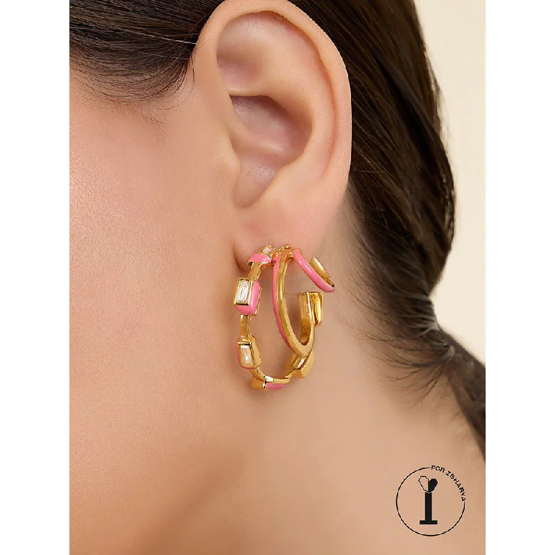 Vintage Drop Earrings-Vintage Drop Earrings-Isharya Pink Enamel Triple Hoops In 18Kt Gold Plated