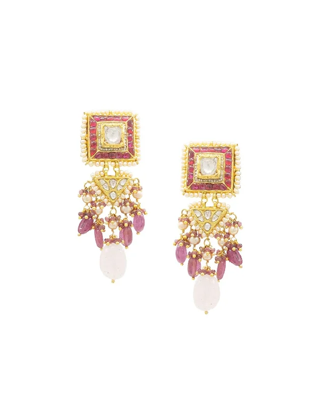 Gold Earrings with Gemstones-Gold Earrings with Gemstones-Gayathri Polki Long Earrings