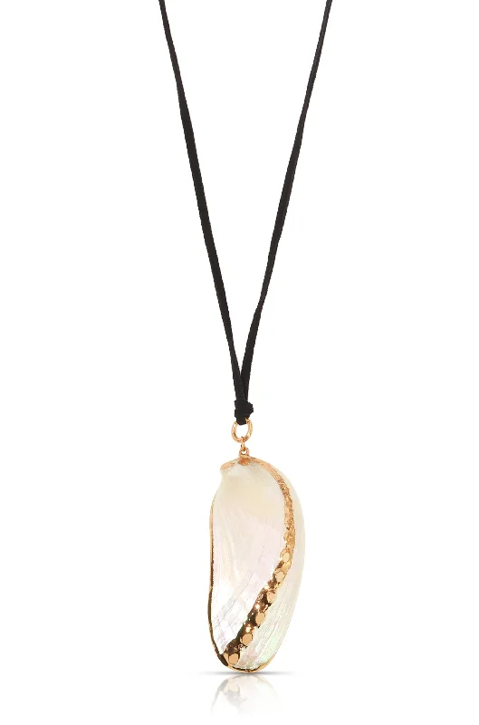 Elegant Gold Pendant Necklace-Small Crystal Earrings-Iridescent Mussel Shell Pendant Necklace