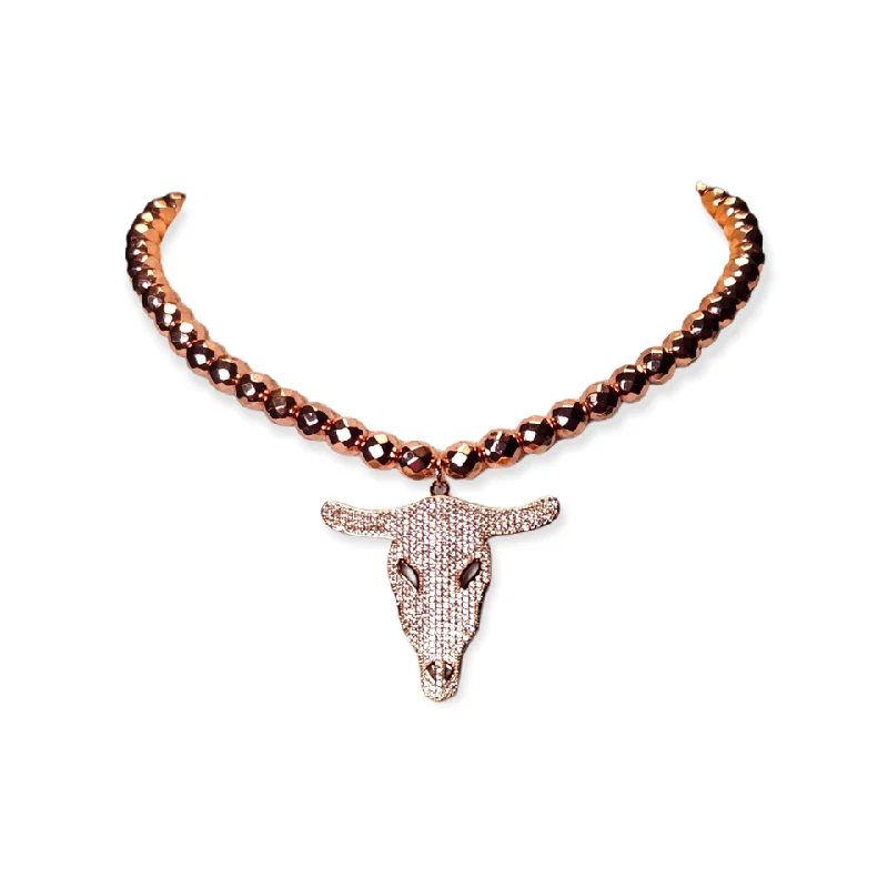 Bohemian Necklace for Women-Semi Precious Stone Earrings-The Morgan Pave Steer Head Necklace