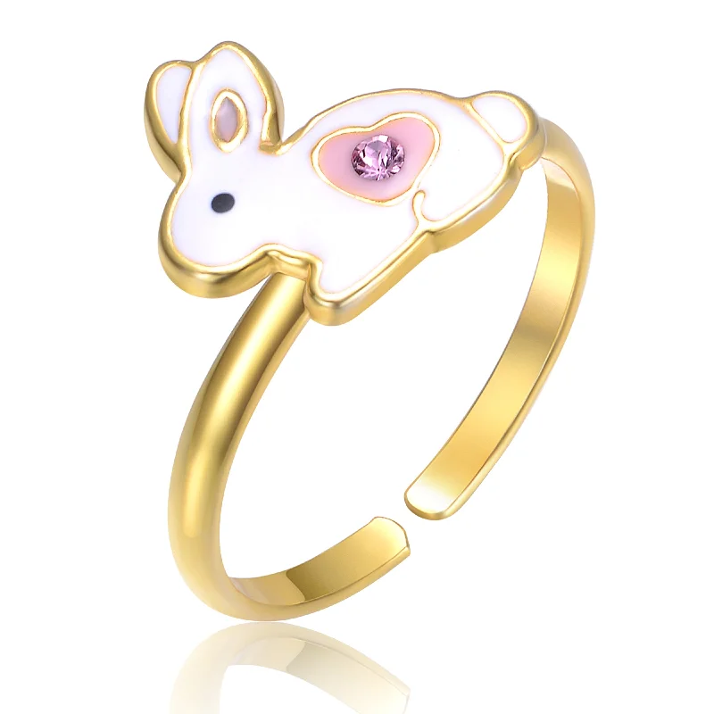 Large Amethyst Ring-Customizable Earrings-Children's 14k Gold Plated White & Pink Bunny Rabbit Adjustable Ring