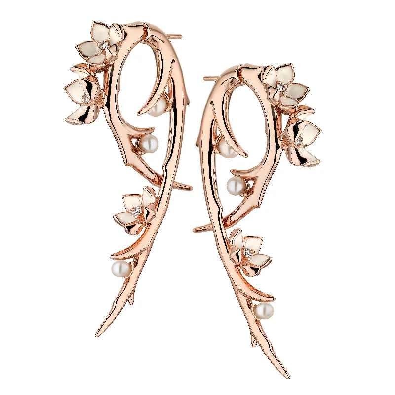 Trendy Earrings for Young Women-Trendy Earrings for Young Women-Cherry Blossom Hook Earrings - Rose Gold Vermeil, Diamond & Pearl