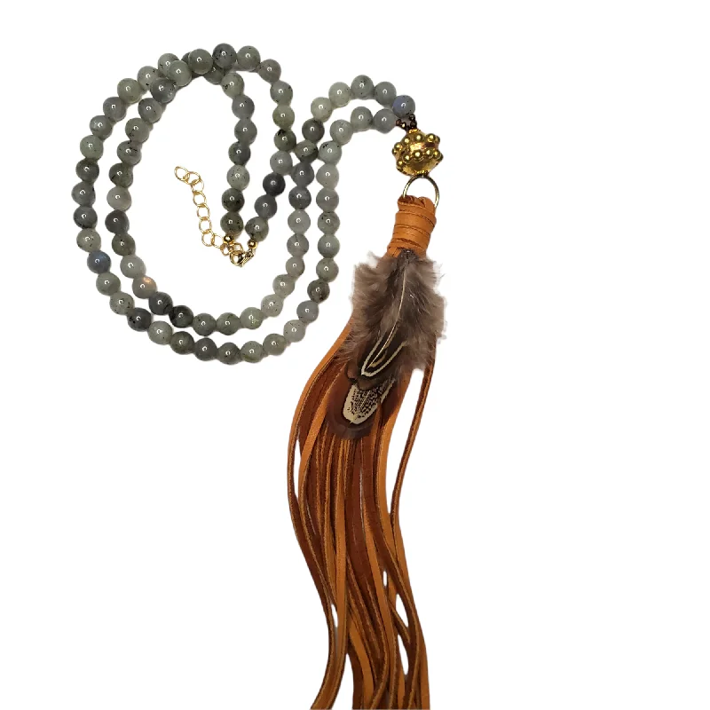 Elegant Necklace with Gemstones-Natural Stone Earrings-The Aiyana Feather Leather Tassel Necklace