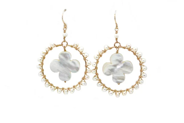 Elegant Drop Earrings-Elegant Drop Earrings-Freshwater Cultured Pearl & Mother of Pearl Quatrefoil Hoops