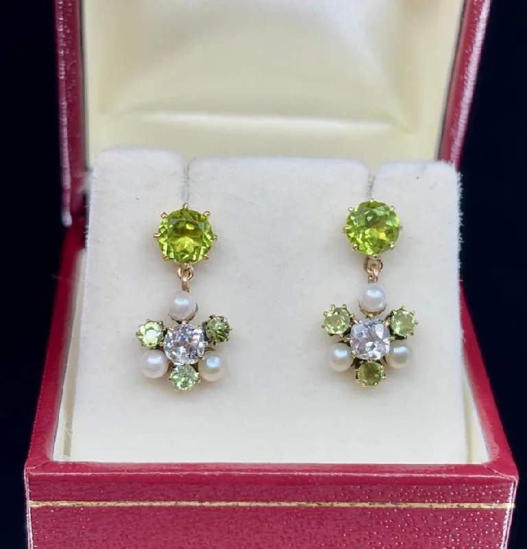 Gemstone Drop Earrings-Gemstone Drop Earrings-Antique Edwardian Peridot, Diamond and Pearl Cluster Earrings