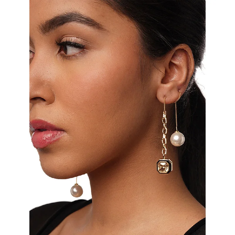 Bohemian Style Earrings-Bohemian Style Earrings-Isharya Bougie Crystal and Pearl Threader Earrings In 18Kt Gold Plated