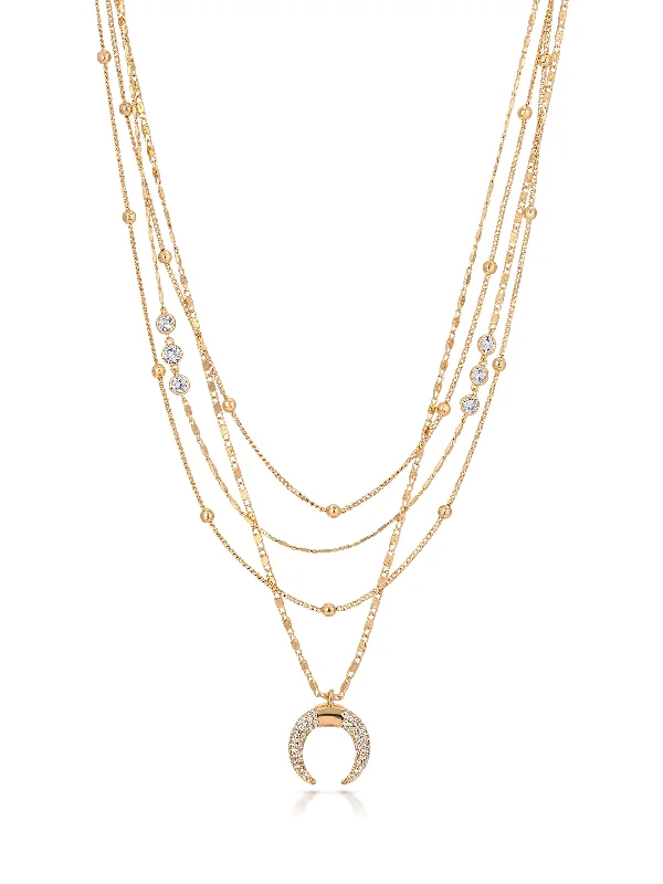 Classic Chain Necklace-Long Silver Earrings-Layered Gold Chain & Crescent Horn Necklace