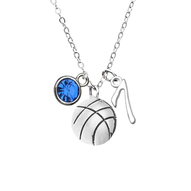 Long Necklace for Party-Hoop Earrings with Charms-Personalized Basketball Necklace with Birthstone & Number Charm