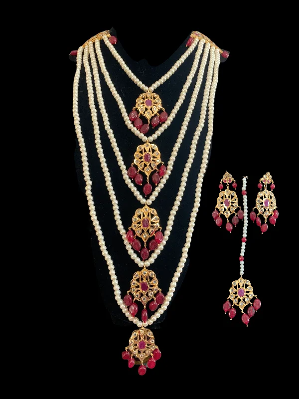 Classic Gold Necklace for Women-Gold Earrings with Gemstones-SAT25 Soha Hyderabadi five layer necklace / satlada in rubies( READY TO SHIP )