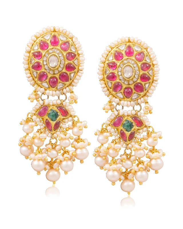 Gold Earrings with Gemstones-Gold Earrings with Gemstones-Mohana Polki Long Earrings