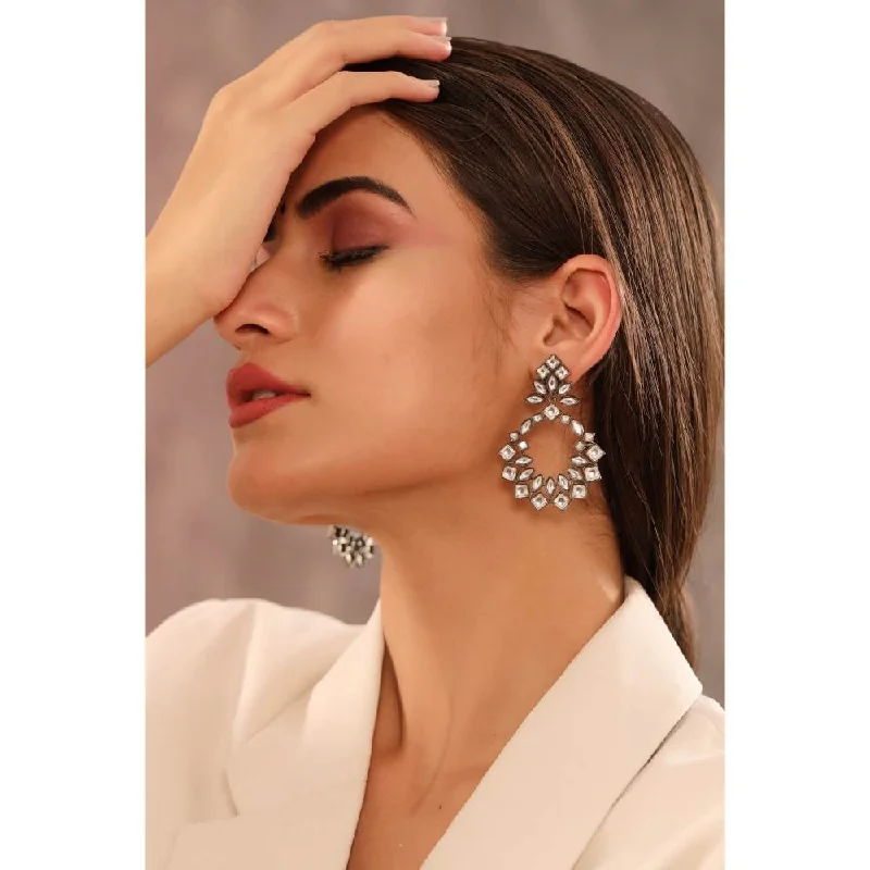 Luxury Pearl Earrings-Luxury Pearl Earrings-Zurooh Statement Polki Chandbalis In Oxidized Plating