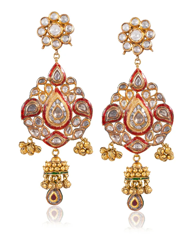 Simple Gold Earrings-Simple Gold Earrings-Dhvija Jadau Polki Long Earrings