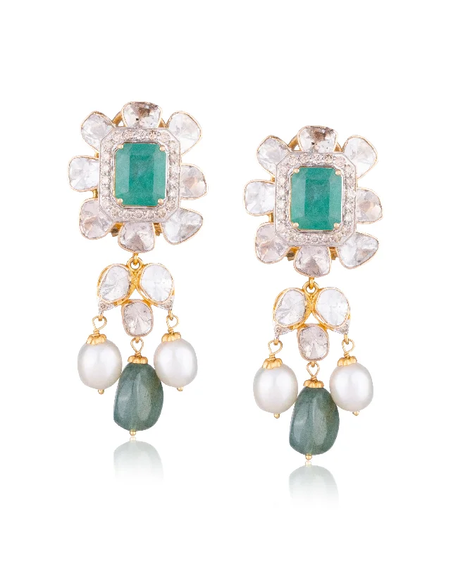 Statement Earrings for Evening-Statement Earrings for Evening-Harika Polki And Diamond Long Earrings