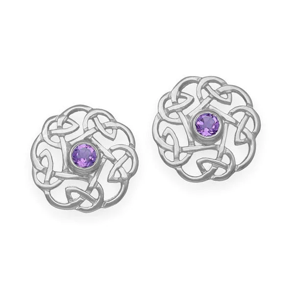 Small Hoop Earrings for Women-Small Hoop Earrings for Women-Celtic Knot work Amethyst Stud Earrings in Silver