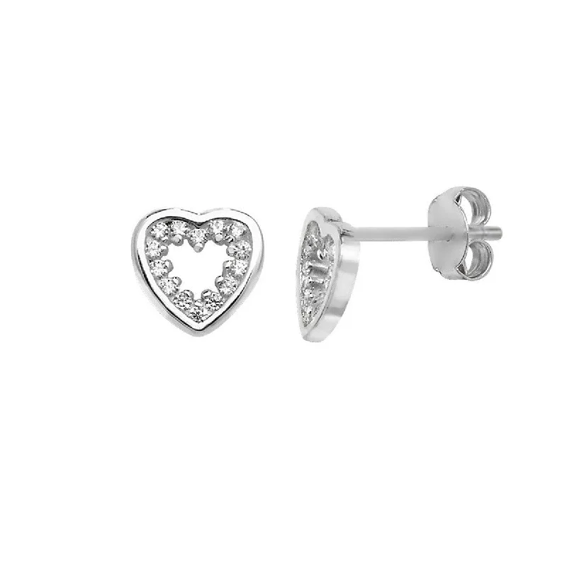 Sterling Silver Hoop Earrings-Sterling Silver Hoop Earrings-Sterling Silver open heart studs with CZ's