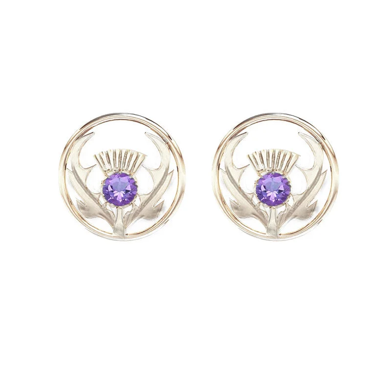 Silver Hoop Earrings for Women-Silver Hoop Earrings for Women-Round Scottish Thistle Stud Earrings in Silver with Amethyst