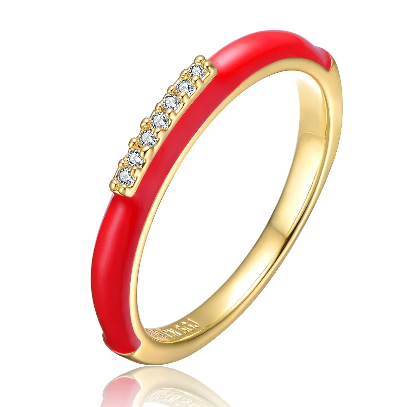 Men’s Gold Wedding Band-Fashion Statement Earrings-Sterling Silver 14k Yellow Gold Plated with Cubic Zirconia Red Enamel Slim Stacking Band Ring