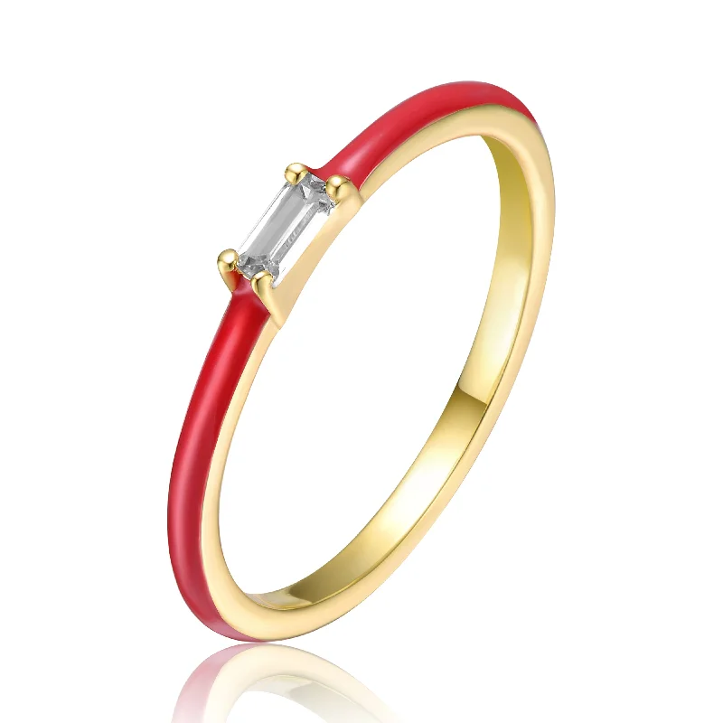 Silver Wedding Ring Set-Creative Hoop Earrings-Sterling Silver 14k Yellow Gold Plated with Cubic Zirconia Baguette Solitaire Magenta-Red Enamel Slim Stacking Ring