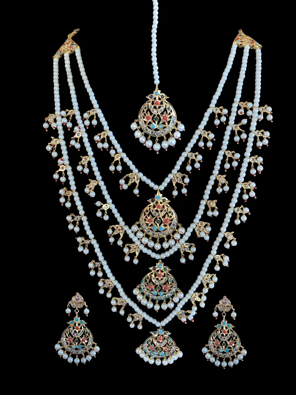 Vintage Diamond Necklace-Vintage Pearl Earrings-SAT23 Tooba ruby three layered pearl necklace with earrings and Tika - navratan  (READY TO SHIP )