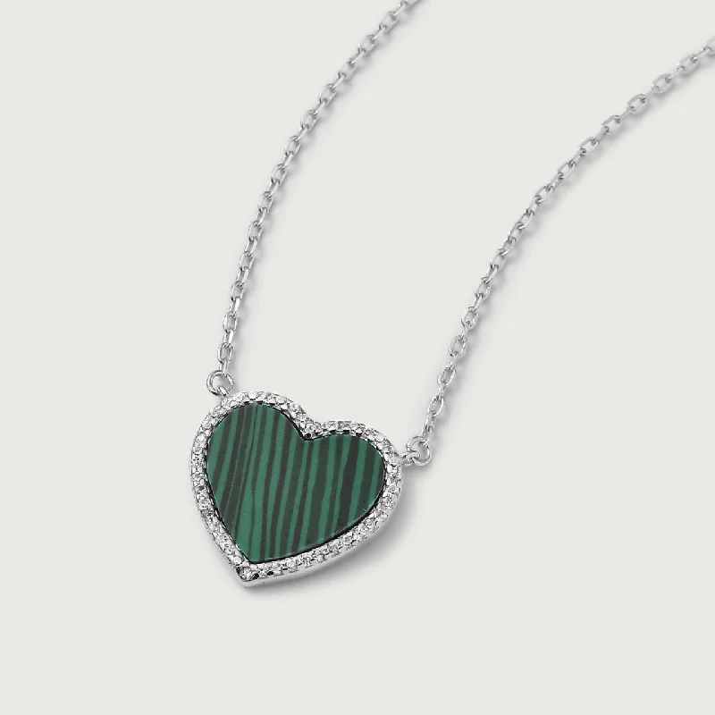 Contemporary Necklace for Women-Silver Hoop Earrings for Women-Modern Love Malachite Heart Necklace