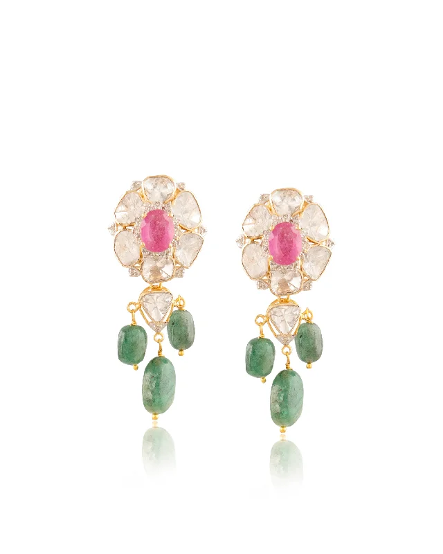 Multi-Colored Earrings-Multi-Colored Earrings-Jahnavi Polki And Diamond Long Earrings