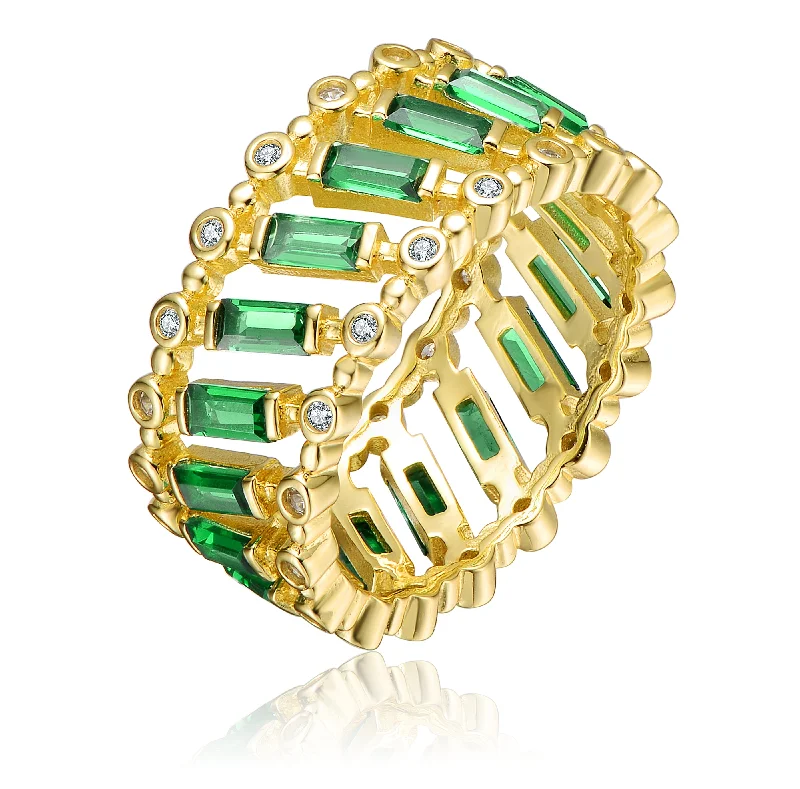 Custom Engagement Ring for Her-Double-Sided Earrings-Sterling Silver 14k Yellow Gold Plated with Emerald & Baguette Eternity Band Ring