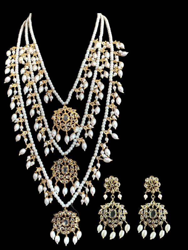 Black Pearl Necklace-Double-Sided Earrings-SAT37 Farmana three layer Hyderabadi necklace in pearls  ( SHIPS IN 3 WEEKS )