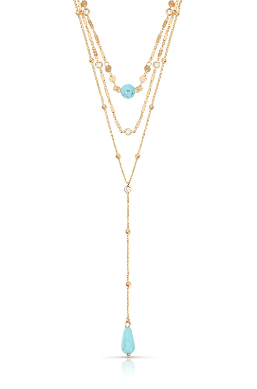 Simple Gold Pendant Necklace-Crystal Dangle Earrings-Forever Falling Turquoise Lariat