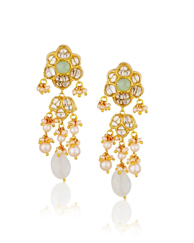 Bridal Earrings with Diamonds-Bridal Earrings with Diamonds-Aahana Polki Long Earrings