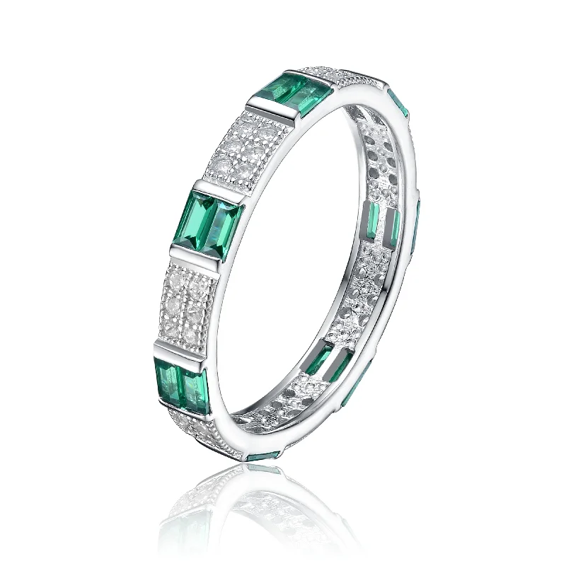 Gold Ring with Diamonds-Statement Earrings for Women-Sterling Silver White Gold Plated with Emerald Baguette & Round  Cubic Zirconia Eternity Wedding Band Stacking Ring