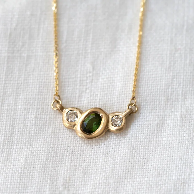 Minimalist Silver Necklace-Layered Gold Earrings-Oval Three Stone Necklace - Tourmaline and Diamond