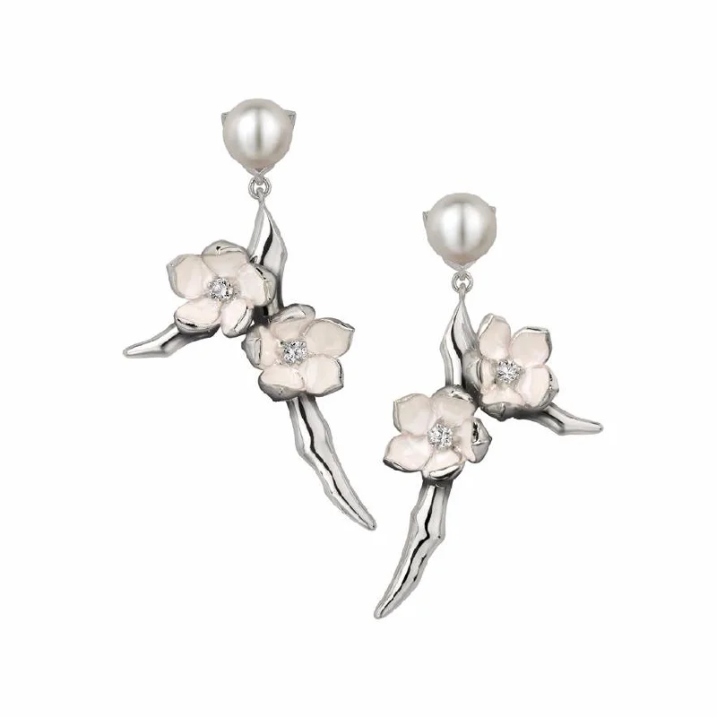 Multi-Layered Earrings-Multi-Layered Earrings-Cherry Blossom Branch Drop Earrings - Silver, Diamond & Pearl