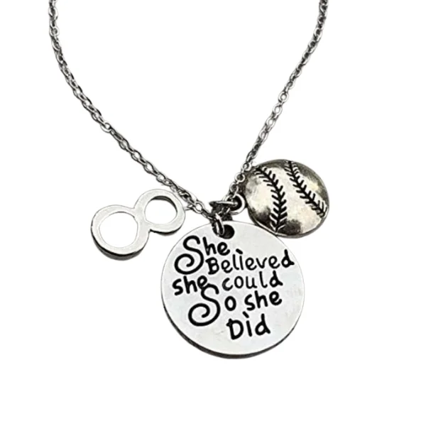 Long Silver Necklace-Enamel Earrings-Softball She Believed She Could So She Did Necklace with Number Charm