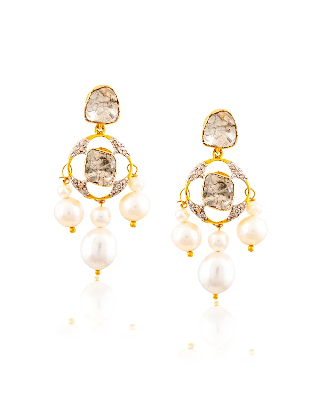 Layered Pearl Earrings-Layered Pearl Earrings-Chandika Polki And Diamond Long Earrings