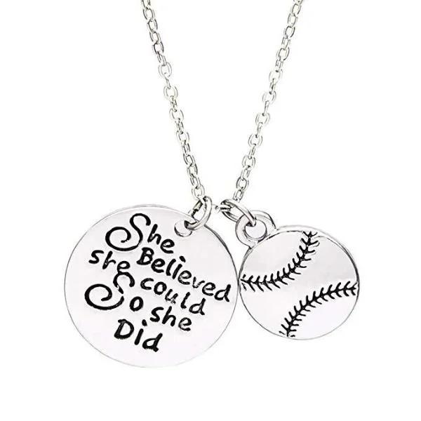 Simple Silver Pendant Necklace-Small Hoop Earrings-Softball She Believed She Could So She Did Necklace - Pick Color & Charm