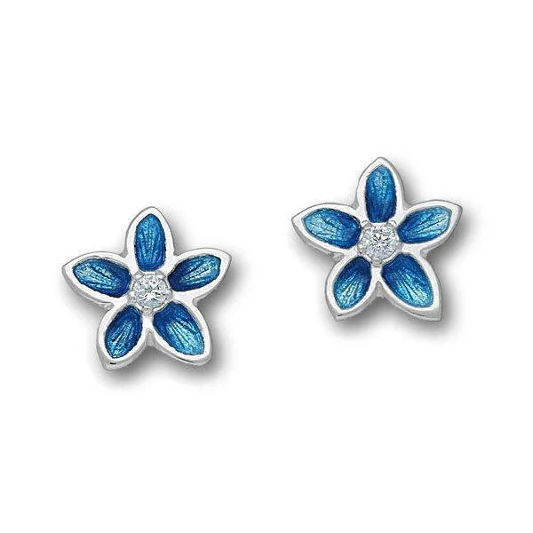 Bridal Earrings-Bridal Earrings-White Cubic Zirconia Marine Blue Flower Stud Earrings In Silver