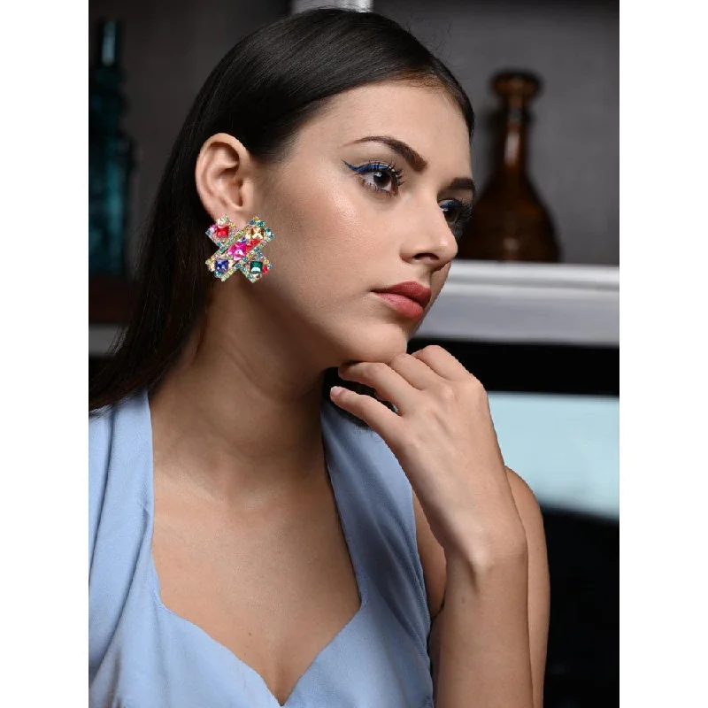 Light Blue Gem Earrings-Light Blue Gem Earrings-Odette Women Multicoloured Metal Earrings